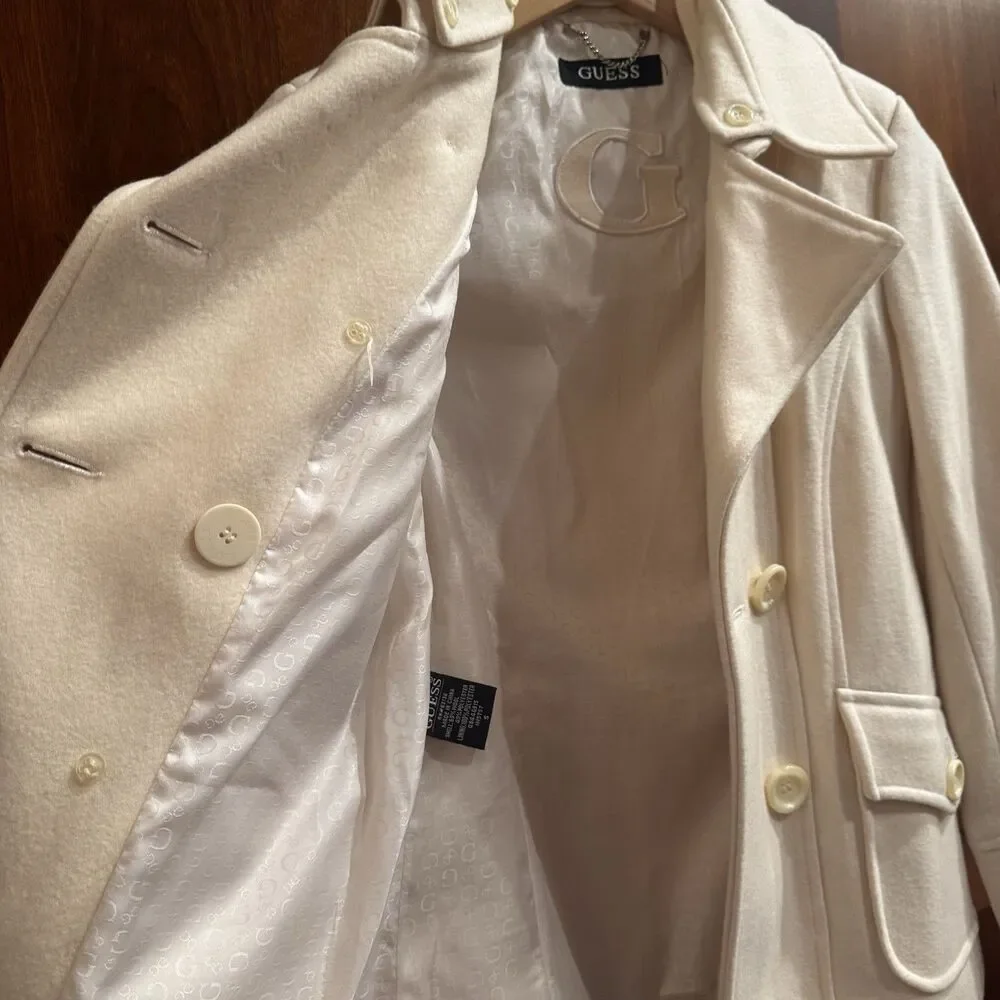 Guess Women’s Wool Blend Cream Pea Coat Double Breasted Size Small - Picture 8 of 16